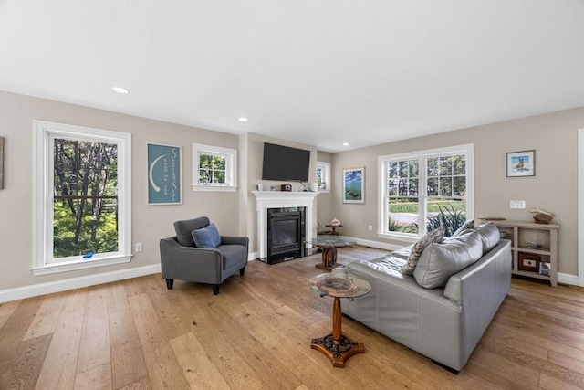 15 Littlefield Pond Rd, Harwich, MA 02645 - living area with light wood-type flooring, a fireplace with flush hearth, and recessed lighting