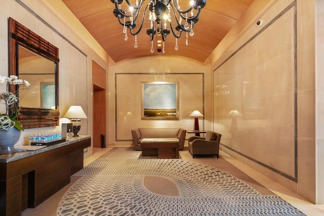 common area with lofted ceiling, tile walls, and wood ceiling
