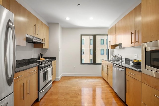 kitchen with appliances with stainless steel finishes, under cabinet range hood, light wood-style floors, a sink, and baseboards