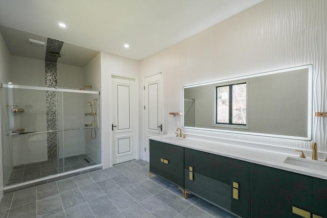 bathroom with vanity and walk in shower