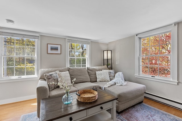 19 Wallis St Unit 4, Beverly, MA 01915 - living room featuring a baseboard radiator, wood finished floors, healthy amount of natural light, and baseboards