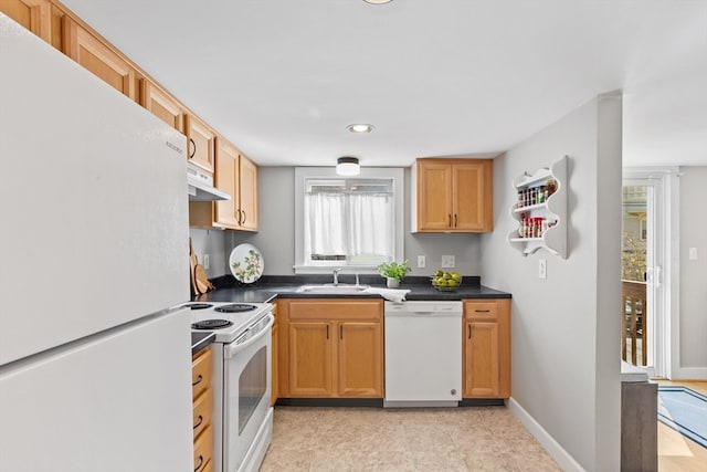19 Wallis St Unit 4, Beverly, MA 01915 - kitchen featuring white appliances, under cabinet range hood, a sink, dark countertops, and baseboards