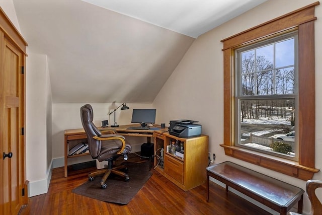 office space featuring lofted ceiling and dark hardwood / wood-style flooring