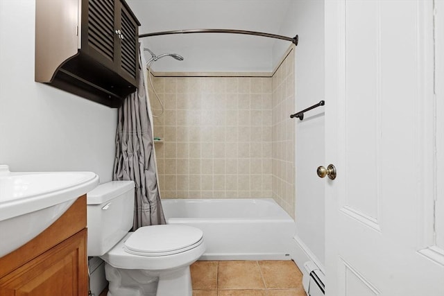 31 Millmont St Unit 1, Boston, MA 02119 - bathroom featuring vanity, shower / tub combo with curtain, toilet, tile patterned floors, and a baseboard heating unit