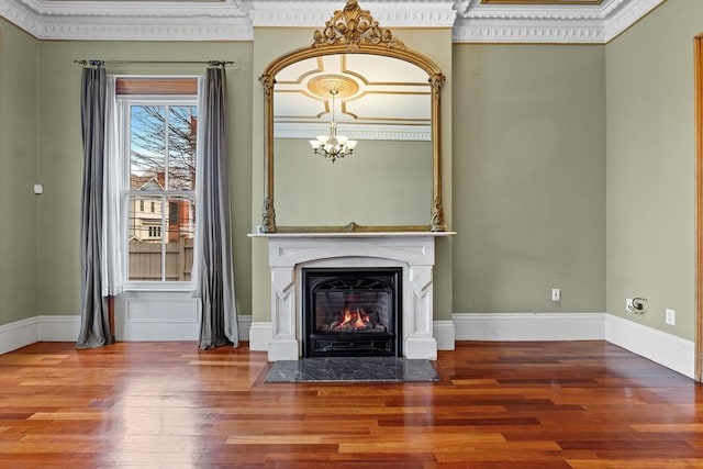 31 Millmont St Unit 1, Boston, MA 02119 - unfurnished living room with an inviting chandelier, baseboards, wood finished floors, and a fireplace with flush hearth