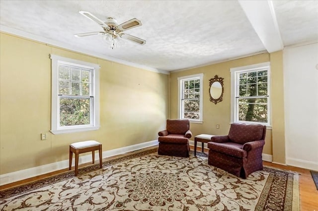 sitting room with ceiling fan, light hardwood / wood-style flooring, and ornamental molding