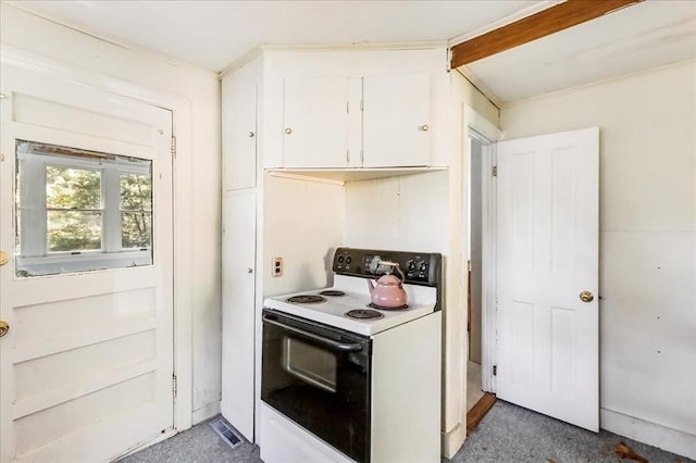 kitchen with beam ceiling, white cabinets, and range with electric cooktop