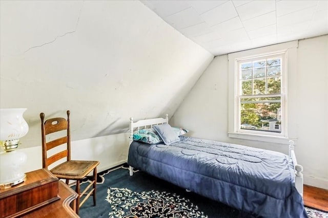 bedroom with vaulted ceiling and hardwood / wood-style floors