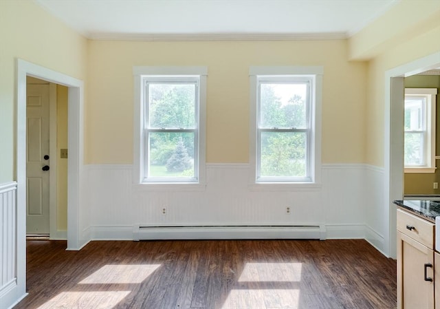 15 Reed St Unit 2, West Boylston, MA 01583 - unfurnished room with a wainscoted wall, a baseboard heating unit, plenty of natural light, dark wood-style floors, and ornamental molding