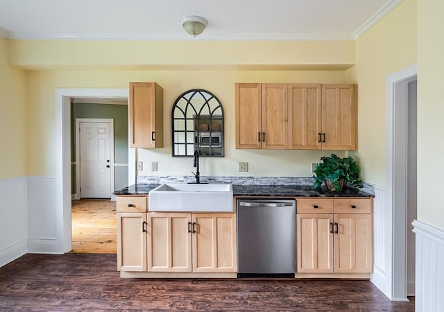 15 Reed St Unit 2, West Boylston, MA 01583 - kitchen featuring stainless steel dishwasher, light brown cabinets, a sink, a wainscoted wall, and dark countertops
