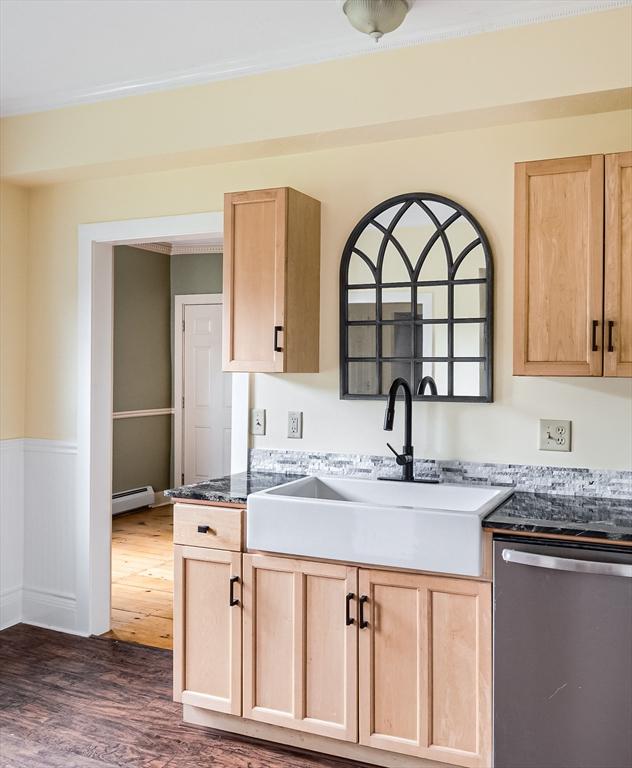 15 Reed St Unit 2, West Boylston, MA 01583 - kitchen featuring dishwasher, light brown cabinets, a sink, dark wood finished floors, and baseboard heating