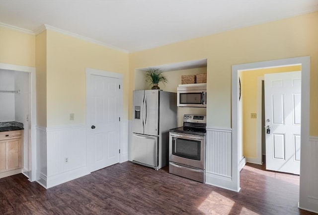 15 Reed St Unit 2, West Boylston, MA 01583 - kitchen with appliances with stainless steel finishes, dark wood-type flooring, wainscoting, and ornamental molding