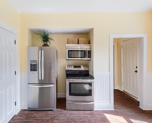 15 Reed St Unit 2, West Boylston, MA 01583 - kitchen with appliances with stainless steel finishes, dark wood finished floors, crown molding, and a wainscoted wall