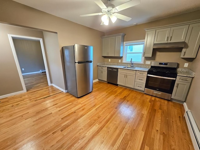 84-86R Cross St, Somerville, MA 02145 - kitchen with stainless steel appliances, baseboard heating, gray cabinets, under cabinet range hood, and a sink
