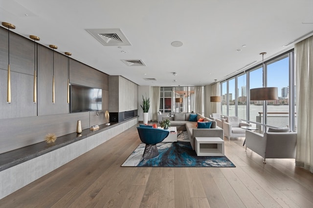 living room featuring expansive windows and light hardwood / wood-style flooring