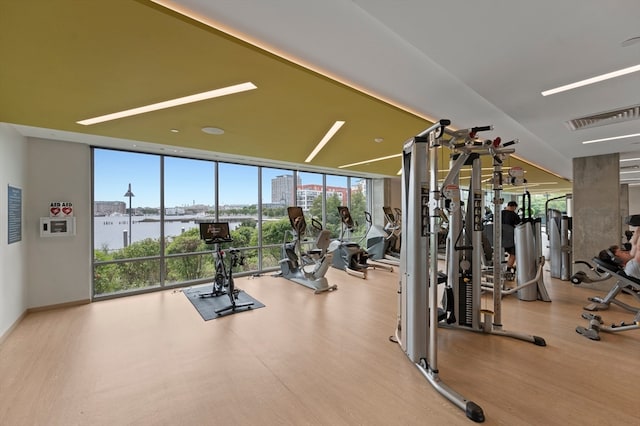 exercise room featuring light hardwood / wood-style floors, a wall of windows, and a water view