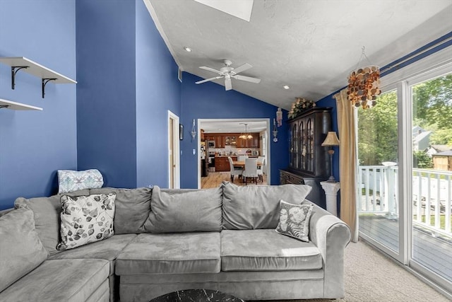 35 Pilgrim Dr, Norwood, MA 02062 - carpeted living area with lofted ceiling and ceiling fan