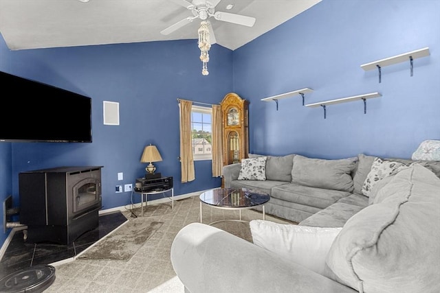 35 Pilgrim Dr, Norwood, MA 02062 - living area featuring a ceiling fan, a wood stove, and high vaulted ceiling