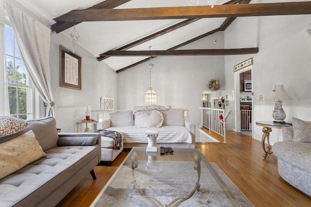 35 Pilgrim Dr, Norwood, MA 02062 - living room featuring wood finished floors, high vaulted ceiling, beamed ceiling, and a chandelier