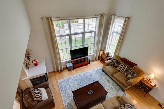 living area with wood finished floors, a glass covered fireplace, and baseboards