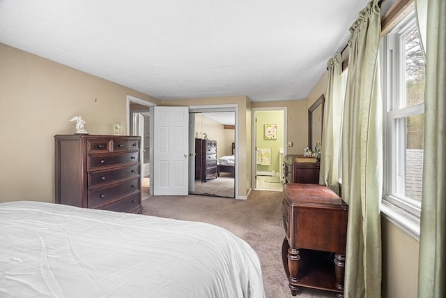 bedroom with light carpet, a closet, multiple windows, and ensuite bathroom