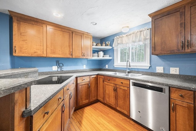 kitchen with open shelves, a sink, brown cabinets, dishwasher, and light wood finished floors
