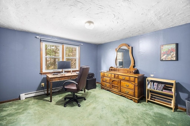 carpeted home office featuring a baseboard heating unit, baseboards, and a textured ceiling