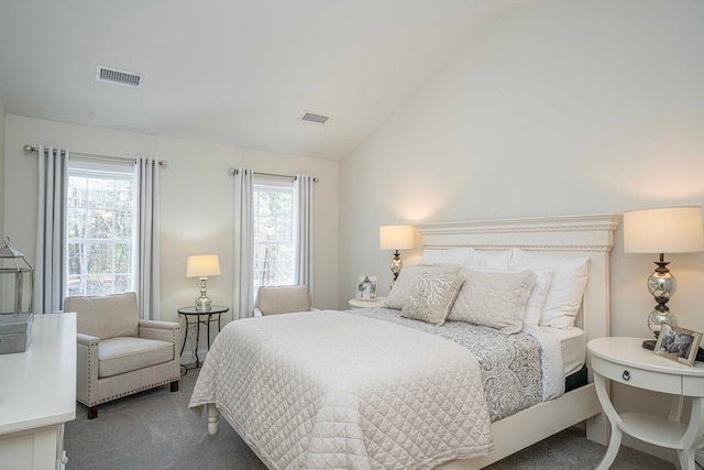 bedroom featuring dark carpet and vaulted ceiling