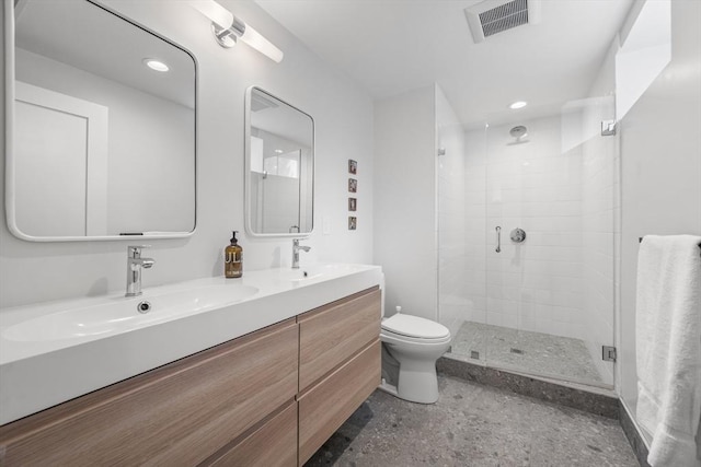 full bath with toilet, visible vents, a shower stall, and a sink