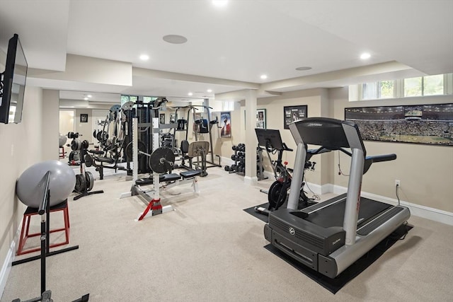 workout area featuring carpet floors, baseboards, and recessed lighting