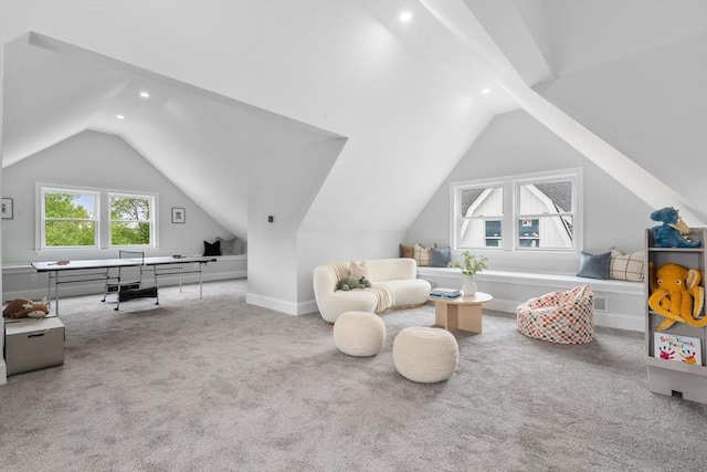 67 Pine St Unit 2, Dedham, MA 02026 - playroom featuring lofted ceiling, recessed lighting, and carpet floors
