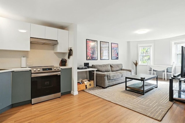 80 E Brookline St Unit 1, Boston, MA 02118 - kitchen featuring stainless steel electric stove, under cabinet range hood, light wood finished floors, light countertops, and backsplash