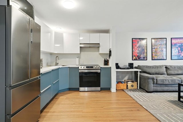 80 E Brookline St Unit 1, Boston, MA 02118 - kitchen with appliances with stainless steel finishes, under cabinet range hood, a sink, light countertops, and light wood-style flooring