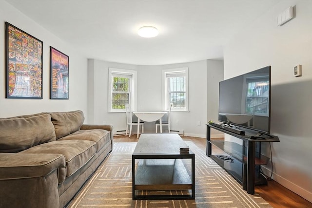 80 E Brookline St Unit 1, Boston, MA 02118 - living room featuring baseboards, wood finished floors, a baseboard heating unit, and a baseboard radiator