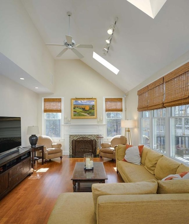 living area with a tiled fireplace, a skylight, wood finished floors, and a healthy amount of sunlight