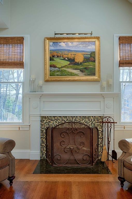 details featuring wood finished floors, a fireplace, and baseboards