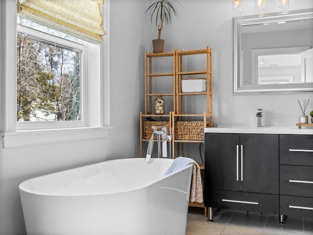 full bathroom featuring a freestanding tub and vanity