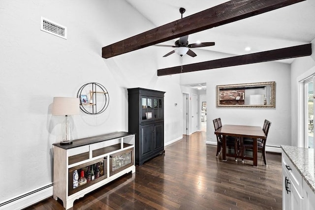 dining space featuring visible vents, a baseboard heating unit, baseboards, dark wood-type flooring, and lofted ceiling with beams