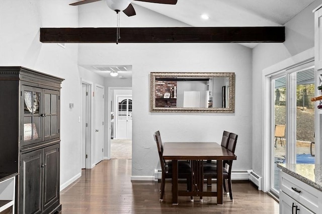 dining room with visible vents, vaulted ceiling with beams, dark wood-style floors, and baseboards