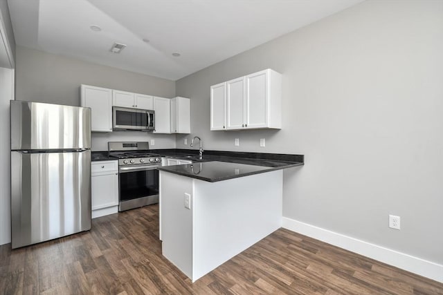 kitchen with kitchen peninsula, stainless steel appliances, white cabinetry, and dark hardwood / wood-style floors