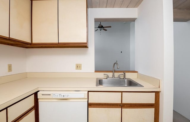 kitchen with ceiling fan, white dishwasher, and sink