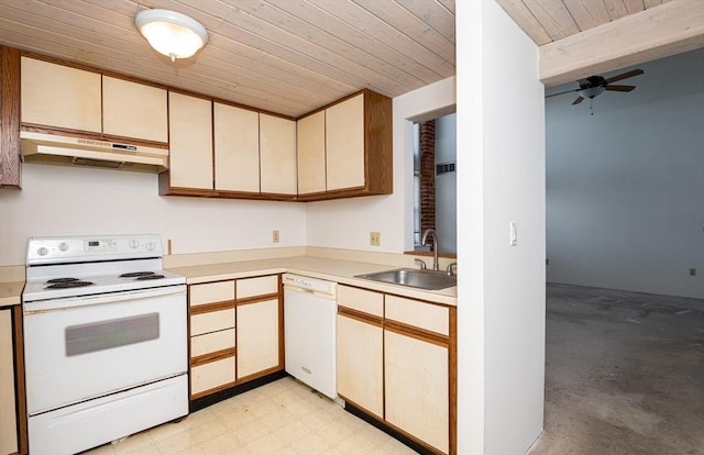 kitchen featuring sink, ceiling fan, wood ceiling, white appliances, and cream cabinetry