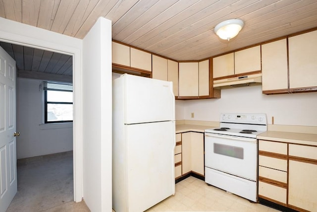 kitchen with wood ceiling and white appliances