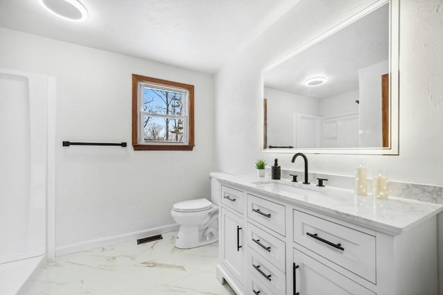 bathroom with visible vents, baseboards, toilet, marble finish floor, and vanity