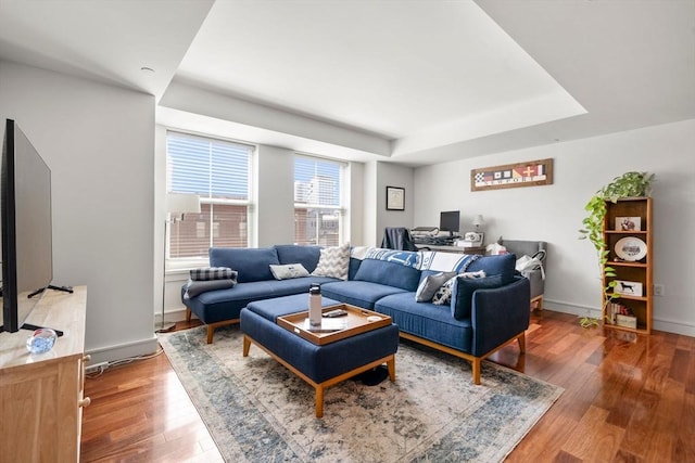 living area featuring baseboards, a raised ceiling, and wood finished floors
