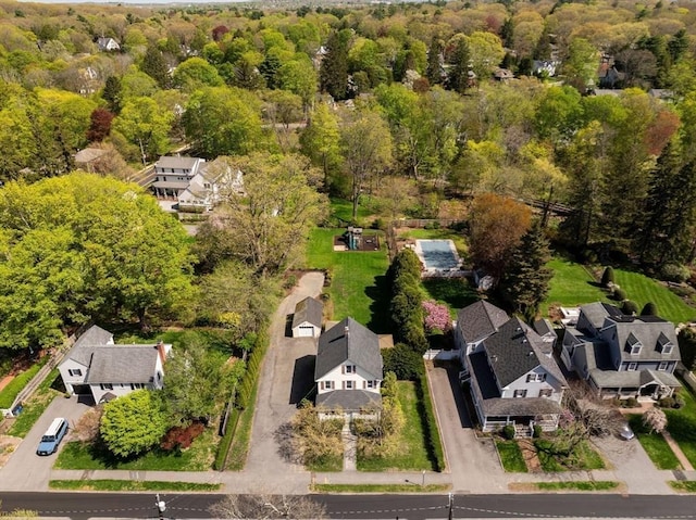 birds eye view of property with a view of trees and a residential view