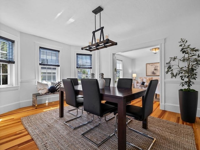 dining space featuring baseboards, wood finished floors, and a healthy amount of sunlight