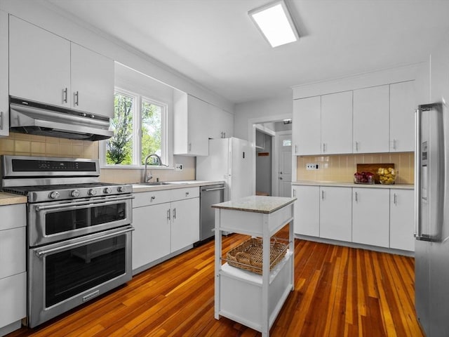 kitchen with a sink, light countertops, stainless steel appliances, decorative backsplash, and under cabinet range hood
