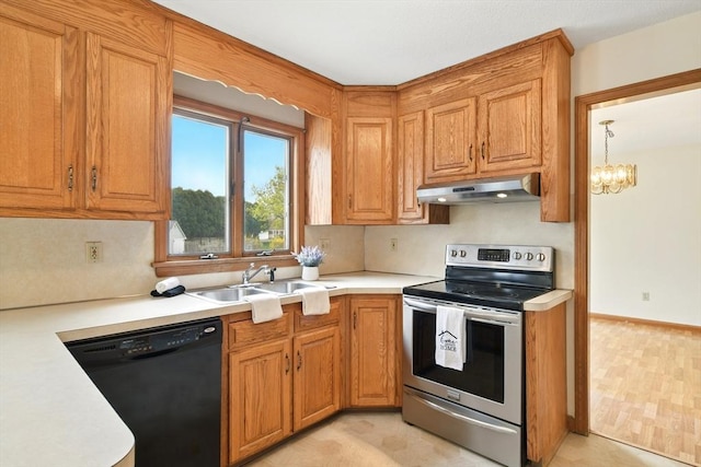 kitchen featuring light countertops, under cabinet range hood, stainless steel electric stove, a sink, and dishwasher