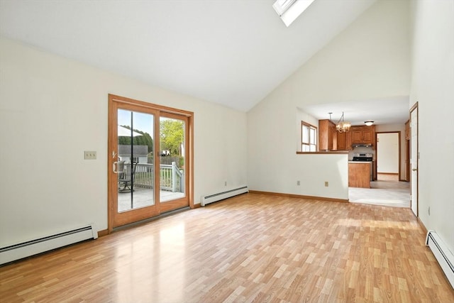 unfurnished living room with high vaulted ceiling, a notable chandelier, a healthy amount of sunlight, and a baseboard radiator
